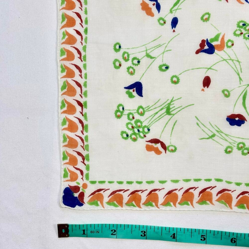 Vintage 1940s Cotton Tulip Print Handkerchief Orange Blue Rust Red Border - Picture 3 of 7